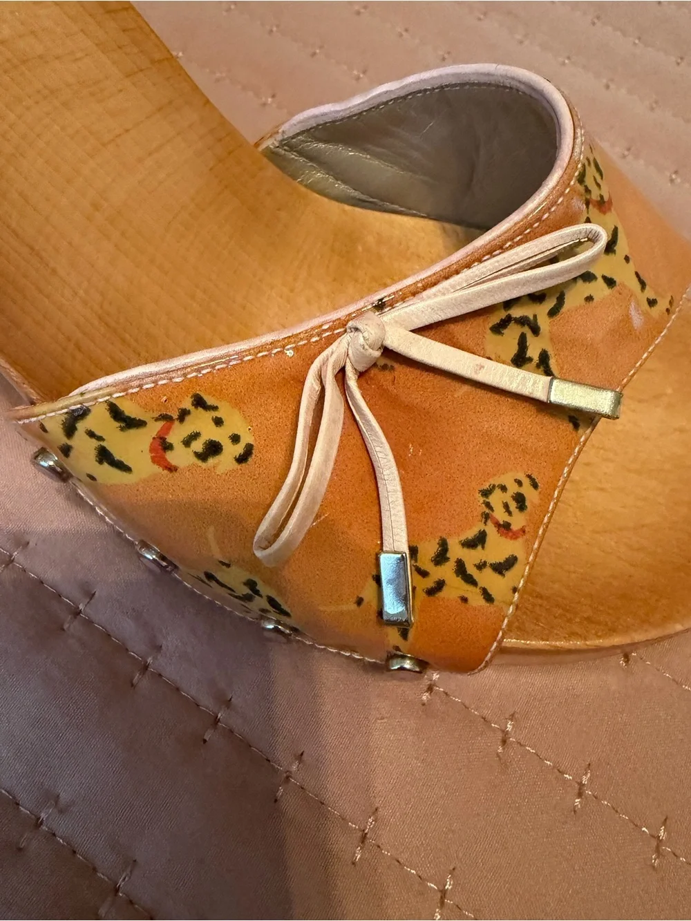 Stuart Weitzman Orange and Yellow Patterned Wedge Sandals - Picture 3 of 7